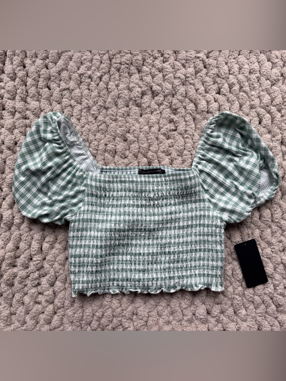 Caution To The Wind Green Gingham Smocked Puff Sleeve Crop Top